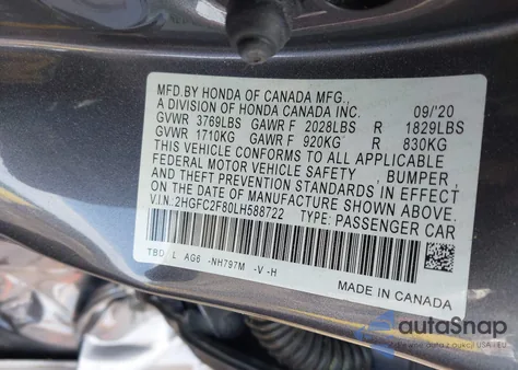 2020 Honda Civic Sport from USA, damaged, VIN 2HGFC2F80LH588722
